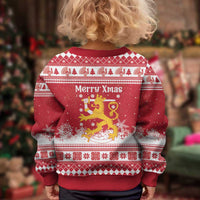 Finland Christmas Hannunvaakuna Kid Ugly Christmas Sweater Hyvaa Joulua Nordic Snow Lion Red Version - Wonder Print Shop