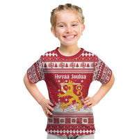 Finland Christmas Hannunvaakuna Kid T Shirt Hyvaa Joulua Nordic Snow Lion Red Version - Wonder Print Shop