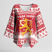 Finland Christmas Hannunvaakuna Kimono Sleeve Blouse Hyvaa Joulua Nordic Snow Lion Red Version - Wonder Print Shop