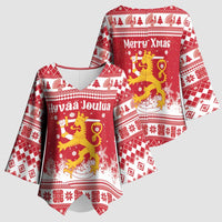 Finland Christmas Hannunvaakuna Kimono Sleeve Blouse Hyvaa Joulua Nordic Snow Lion Red Version - Wonder Print Shop