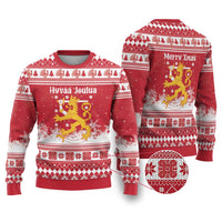Finland Christmas Hannunvaakuna Ugly Christmas Sweater Hyvaa Joulua Nordic Snow Lion Red Version - Wonder Print Shop