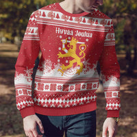Finland Christmas Hannunvaakuna Ugly Christmas Sweater Hyvaa Joulua Nordic Snow Lion Red Version - Wonder Print Shop