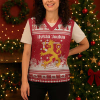 Finland Christmas Hannunvaakuna Christmas Knitted V-Neck Vest Hyvaa Joulua Nordic Snow Lion Red Version - Wonder Print Shop