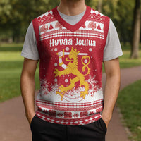 Finland Christmas Hannunvaakuna Christmas Knitted V-Neck Vest Hyvaa Joulua Nordic Snow Lion Red Version - Wonder Print Shop