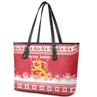 Finland Christmas Hannunvaakuna Leather Tote Bag Hyvaa Joulua Nordic Snow Lion Red Version - Wonder Print Shop