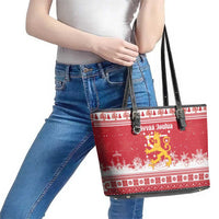 Finland Christmas Hannunvaakuna Leather Tote Bag Hyvaa Joulua Nordic Snow Lion Red Version - Wonder Print Shop