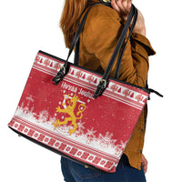 Finland Christmas Hannunvaakuna Leather Tote Bag Hyvaa Joulua Nordic Snow Lion Red Version - Wonder Print Shop