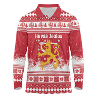 Finland Christmas Hannunvaakuna Long Sleeve Polo Shirt Hyvaa Joulua Nordic Snow Lion Red Version - Wonder Print Shop