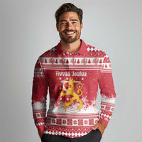 Finland Christmas Hannunvaakuna Long Sleeve Polo Shirt Hyvaa Joulua Nordic Snow Lion Red Version - Wonder Print Shop