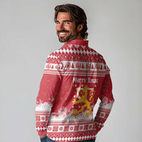 Finland Christmas Hannunvaakuna Long Sleeve Polo Shirt Hyvaa Joulua Nordic Snow Lion Red Version - Wonder Print Shop