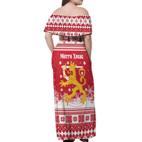 Finland Christmas Hannunvaakuna Off Shoulder Maxi Dress Hyvaa Joulua Nordic Snow Lion Red Version - Wonder Print Shop