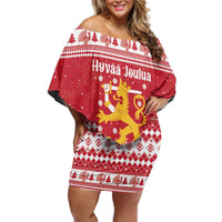 Finland Christmas Hannunvaakuna Off Shoulder Short Dress Hyvaa Joulua Nordic Snow Lion Red Version - Wonder Print Shop