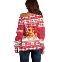Finland Christmas Hannunvaakuna Off Shoulder Sweater Hyvaa Joulua Nordic Snow Lion Red Version - Wonder Print Shop