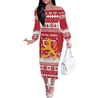 Finland Christmas Hannunvaakuna Off The Shoulder Long Sleeve Dress Hyvaa Joulua Nordic Snow Lion Red Version - Wonder Print Shop