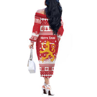 Finland Christmas Hannunvaakuna Off The Shoulder Long Sleeve Dress Hyvaa Joulua Nordic Snow Lion Red Version - Wonder Print Shop