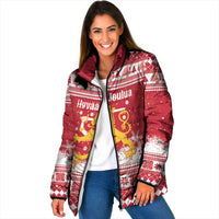 Finland Christmas Hannunvaakuna Padded Jacket Hyvaa Joulua Nordic Snow Lion Red Version - Wonder Print Shop