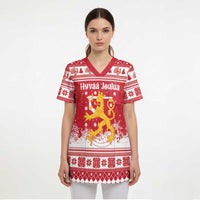 Finland Christmas Hannunvaakuna Scrub Top Hyvaa Joulua Nordic Snow Lion Red Version - Wonder Print Shop