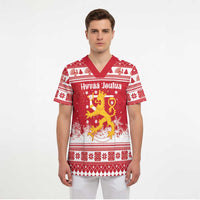 Finland Christmas Hannunvaakuna Scrub Top Hyvaa Joulua Nordic Snow Lion Red Version - Wonder Print Shop