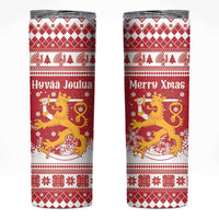 Finland Christmas Hannunvaakuna Skinny Tumbler Hyvaa Joulua Nordic Snow Lion Red Version - Wonder Print Shop