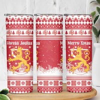 Finland Christmas Hannunvaakuna Skinny Tumbler Hyvaa Joulua Nordic Snow Lion Red Version - Wonder Print Shop