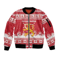 Finland Christmas Hannunvaakuna Sleeve Zip Bomber Jacket Hyvaa Joulua Nordic Snow Lion Red Version - Wonder Print Shop