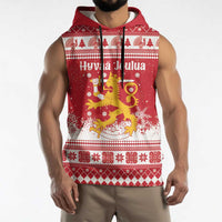 Finland Christmas Hannunvaakuna Sleeveless Hoodie Hyvaa Joulua Nordic Snow Lion Red Version - Wonder Print Shop