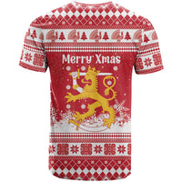 Finland Christmas Hannunvaakuna T Shirt Hyvaa Joulua Nordic Snow Lion Red Version - Wonder Print Shop
