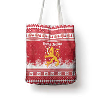 Finland Christmas Hannunvaakuna Tote Bag Hyvaa Joulua Nordic Snow Lion Red Version - Wonder Print Shop