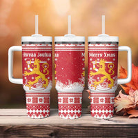 Finland Christmas Hannunvaakuna Tumbler With Handle Hyvaa Joulua Nordic Snow Lion Red Version - Wonder Print Shop