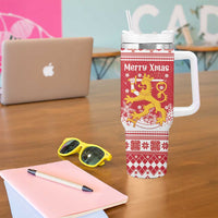 Finland Christmas Hannunvaakuna Tumbler With Handle Hyvaa Joulua Nordic Snow Lion Red Version - Wonder Print Shop