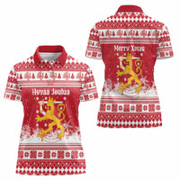 Finland Christmas Hannunvaakuna Women Polo Shirt Hyvaa Joulua Nordic Snow Lion Red Version - Wonder Print Shop