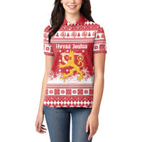 Finland Christmas Hannunvaakuna Women Polo Shirt Hyvaa Joulua Nordic Snow Lion Red Version - Wonder Print Shop