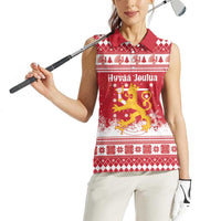 Finland Christmas Hannunvaakuna Women Sleeveless Polo Shirt Hyvaa Joulua Nordic Snow Lion Red Version - Wonder Print Shop