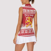 Finland Christmas Hannunvaakuna Women Sleeveless Polo Shirt Hyvaa Joulua Nordic Snow Lion Red Version - Wonder Print Shop