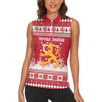 Finland Christmas Hannunvaakuna Women Sleeveless Polo Shirt Hyvaa Joulua Nordic Snow Lion Red Version - Wonder Print Shop