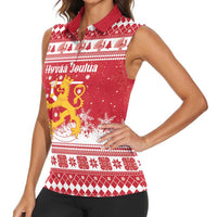Finland Christmas Hannunvaakuna Women Sleeveless Polo Shirt Hyvaa Joulua Nordic Snow Lion Red Version - Wonder Print Shop