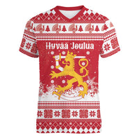 Finland Christmas Hannunvaakuna Women V-Neck T-Shirt Hyvaa Joulua Nordic Snow Lion Red Version - Wonder Print Shop
