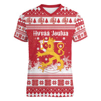 Finland Christmas Hannunvaakuna Women V-Neck T-Shirt Hyvaa Joulua Nordic Snow Lion Red Version - Wonder Print Shop