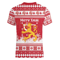 Finland Christmas Hannunvaakuna Women V-Neck T-Shirt Hyvaa Joulua Nordic Snow Lion Red Version - Wonder Print Shop