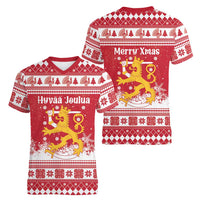 Finland Christmas Hannunvaakuna Women V-Neck T-Shirt Hyvaa Joulua Nordic Snow Lion Red Version - Wonder Print Shop
