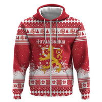Finland Christmas Hannunvaakuna Zip Hoodie Hyvaa Joulua Nordic Snow Lion Red Version - Wonder Print Shop