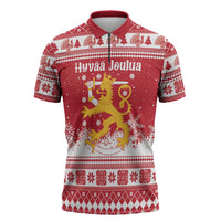 Finland Christmas Hannunvaakuna Zipper Polo Shirt Hyvaa Joulua Nordic Snow Lion Red Version - Wonder Print Shop