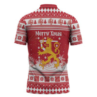 Finland Christmas Hannunvaakuna Zipper Polo Shirt Hyvaa Joulua Nordic Snow Lion Red Version - Wonder Print Shop