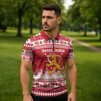 Finland Christmas Hannunvaakuna Zipper Polo Shirt Hyvaa Joulua Nordic Snow Lion Red Version - Wonder Print Shop