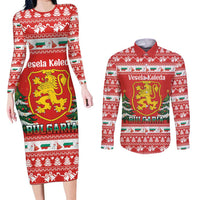 Bulgaria Christmas Couples Matching Long Sleeve Bodycon Dress and Long Sleeve Button Shirt Merry Xmas Lion Crest - Wonder Print Shop