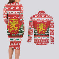 Bulgaria Christmas Couples Matching Long Sleeve Bodycon Dress and Long Sleeve Button Shirt Merry Xmas Lion Crest - Wonder Print Shop