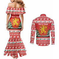 Bulgaria Christmas Couples Matching Mermaid Dress and Long Sleeve Button Shirt Merry Xmas Lion Crest - Wonder Print Shop