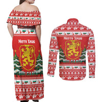 Bulgaria Christmas Couples Matching Off Shoulder Maxi Dress and Long Sleeve Button Shirt Merry Xmas Lion Crest - Wonder Print Shop