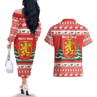 Bulgaria Christmas Couples Matching Off The Shoulder Long Sleeve Dress and Hawaiian Shirt Merry Xmas Lion Crest - Wonder Print Shop