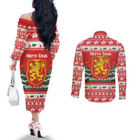 Bulgaria Christmas Couples Matching Off The Shoulder Long Sleeve Dress and Long Sleeve Button Shirt Merry Xmas Lion Crest - Wonder Print Shop